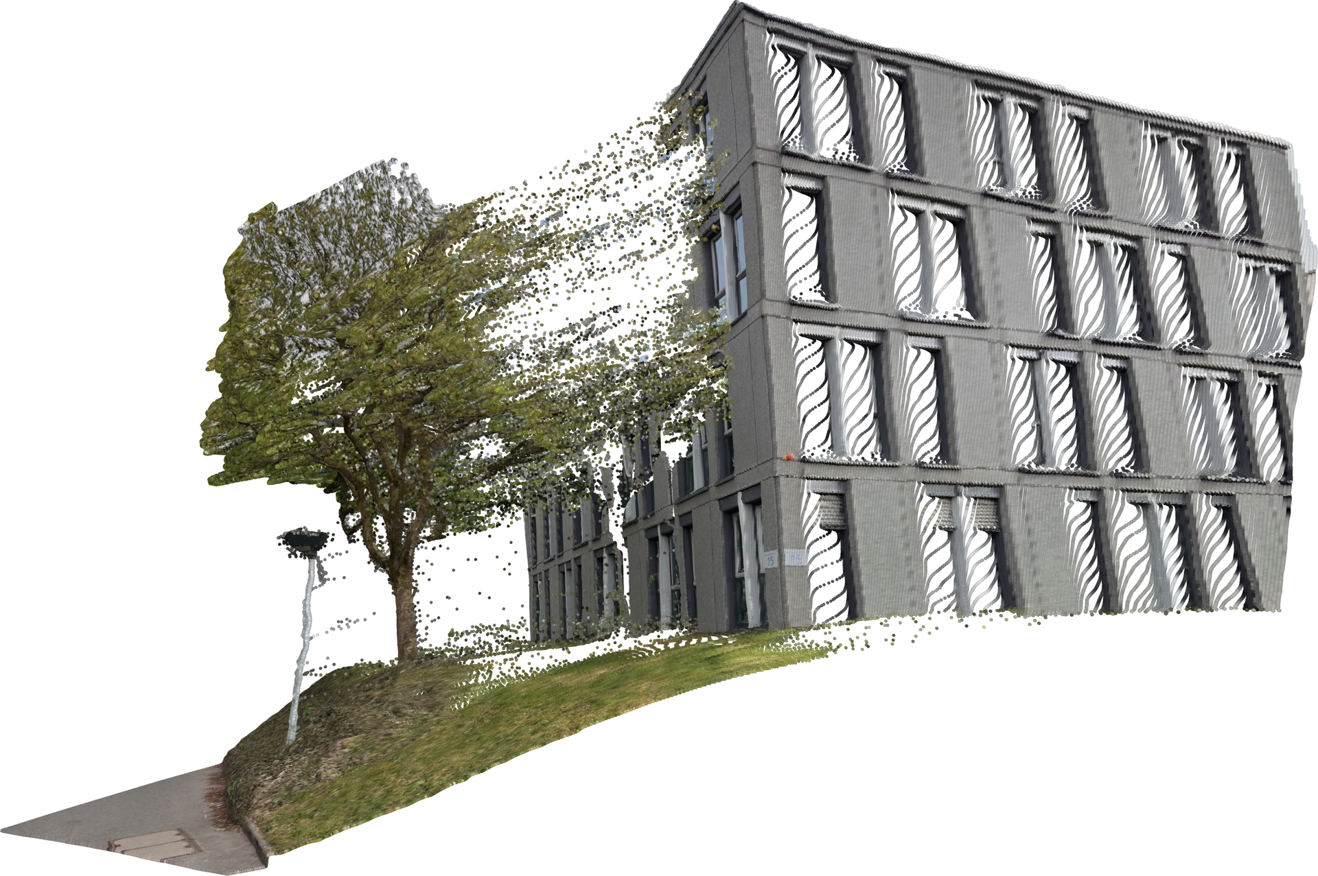 A building reconstructed as a detailed 3D point map by SurGe.